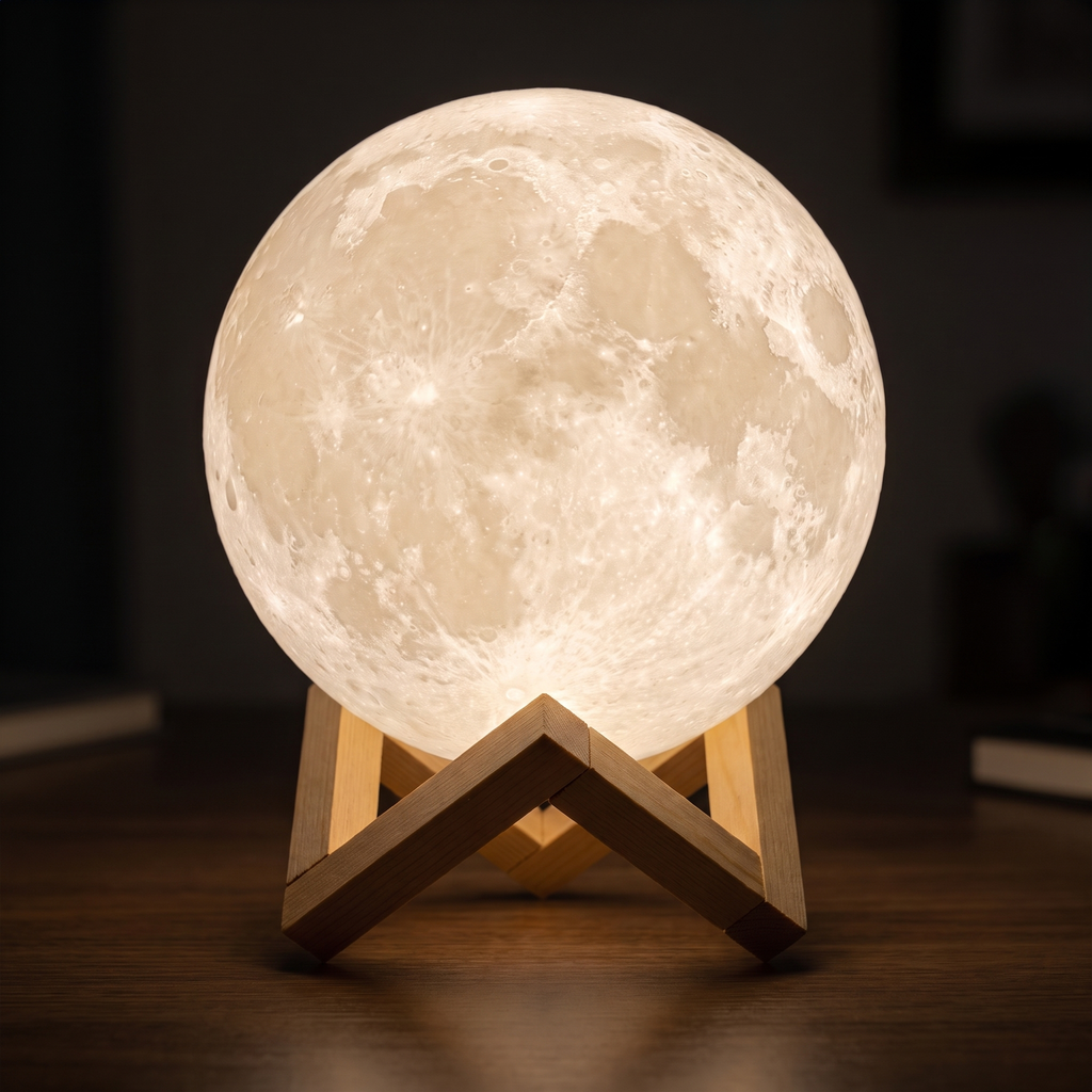 Close-up of the 3D Moon Lamp lunar texture and wooden stand