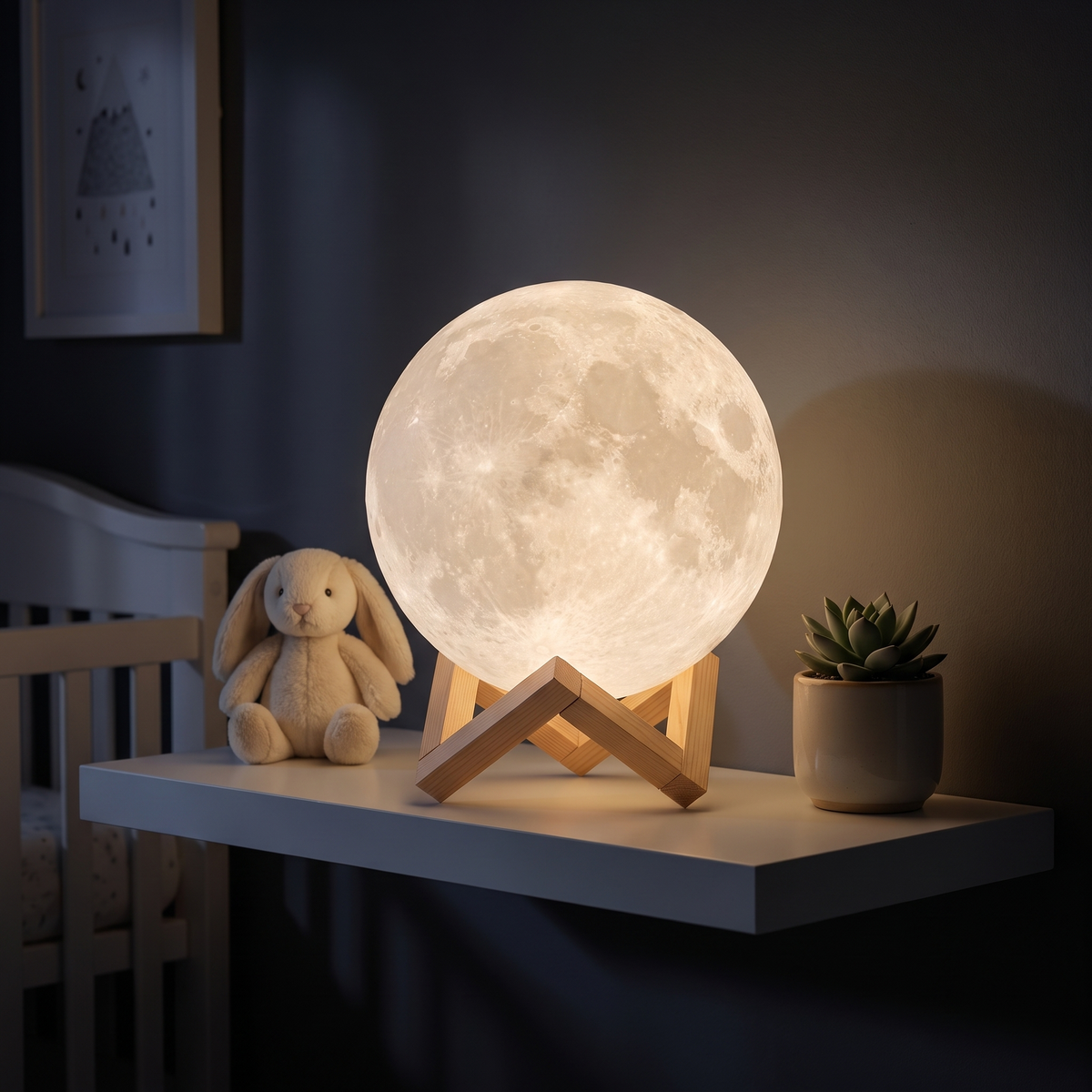 3D Moon Lamp as a night light on a nursery shelf