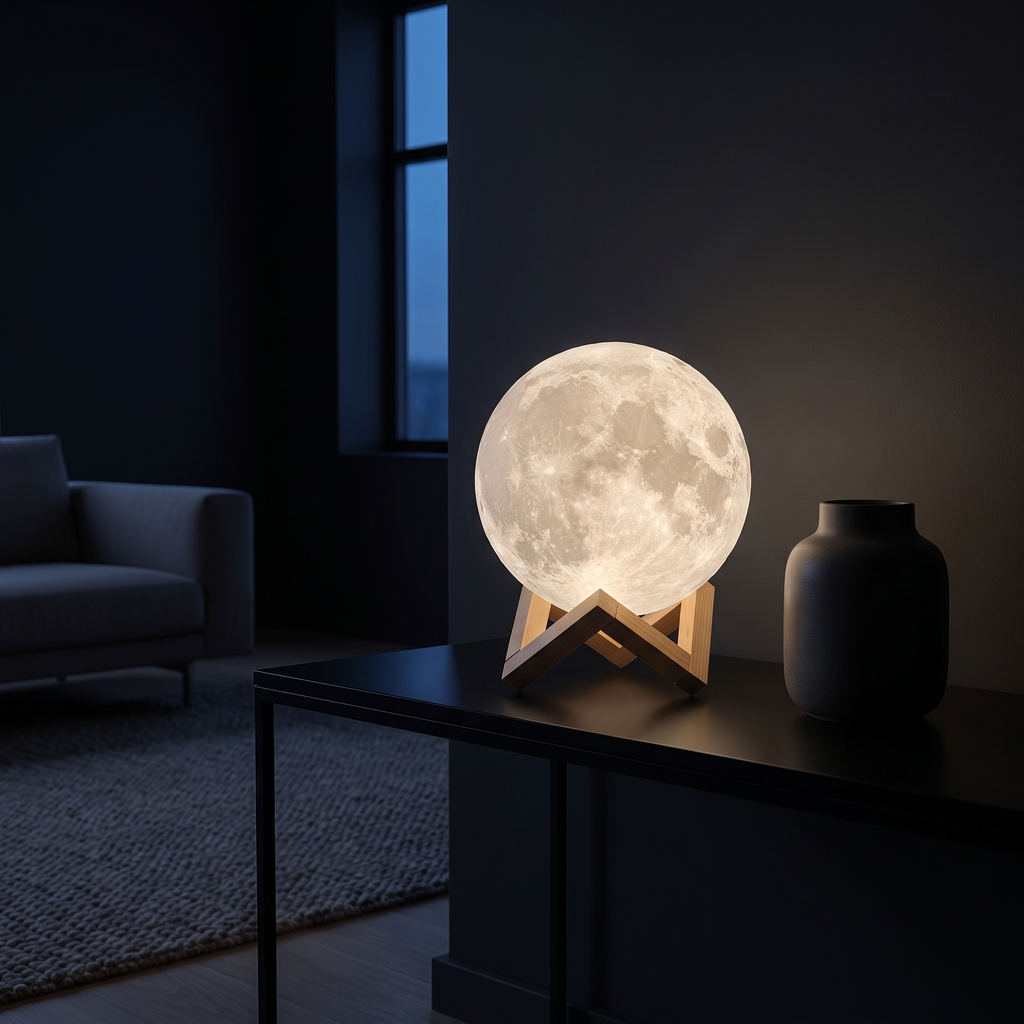 3D Moon Lamp on a black console in a dark modern living room