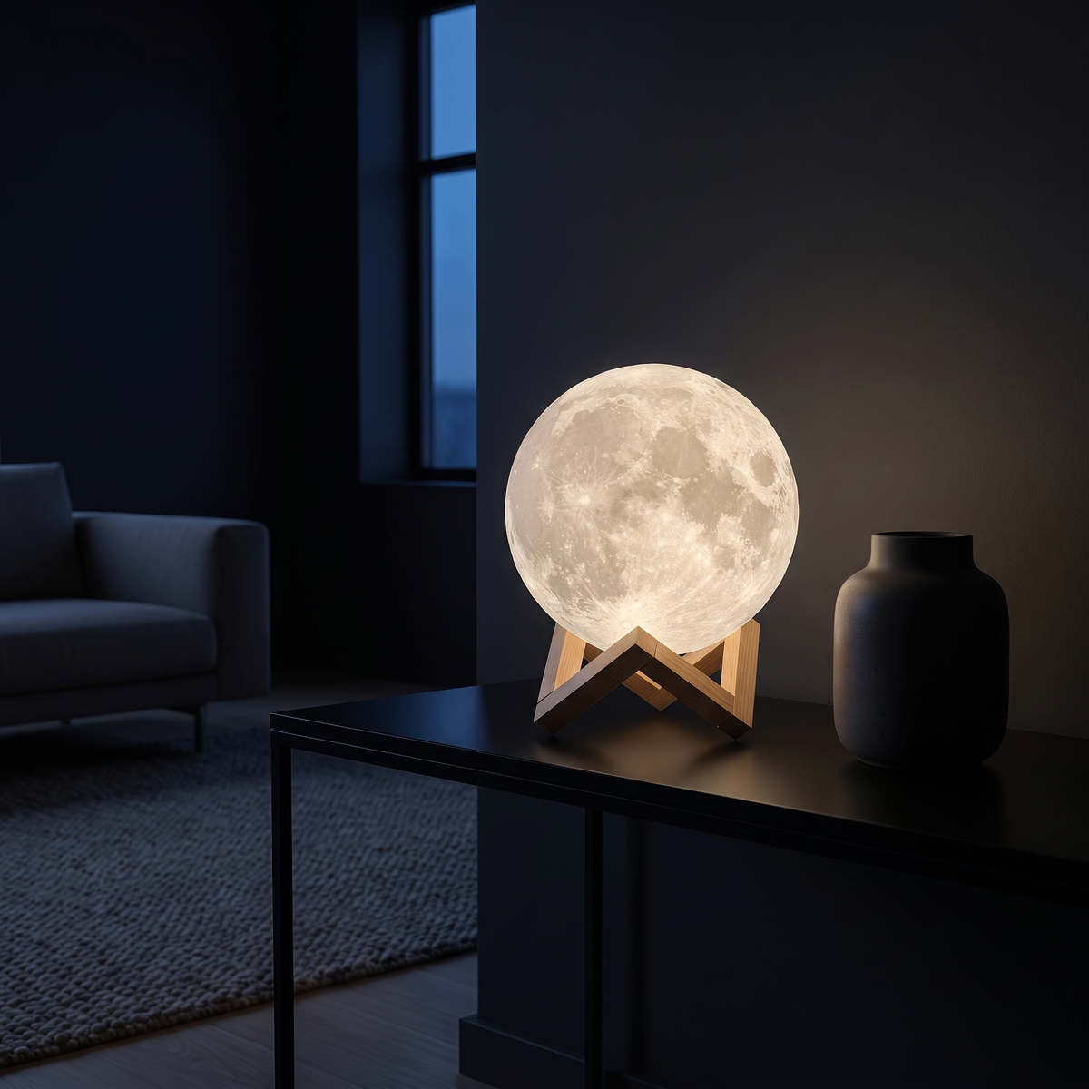 3D Moon Lamp on a black console in a dark modern living room