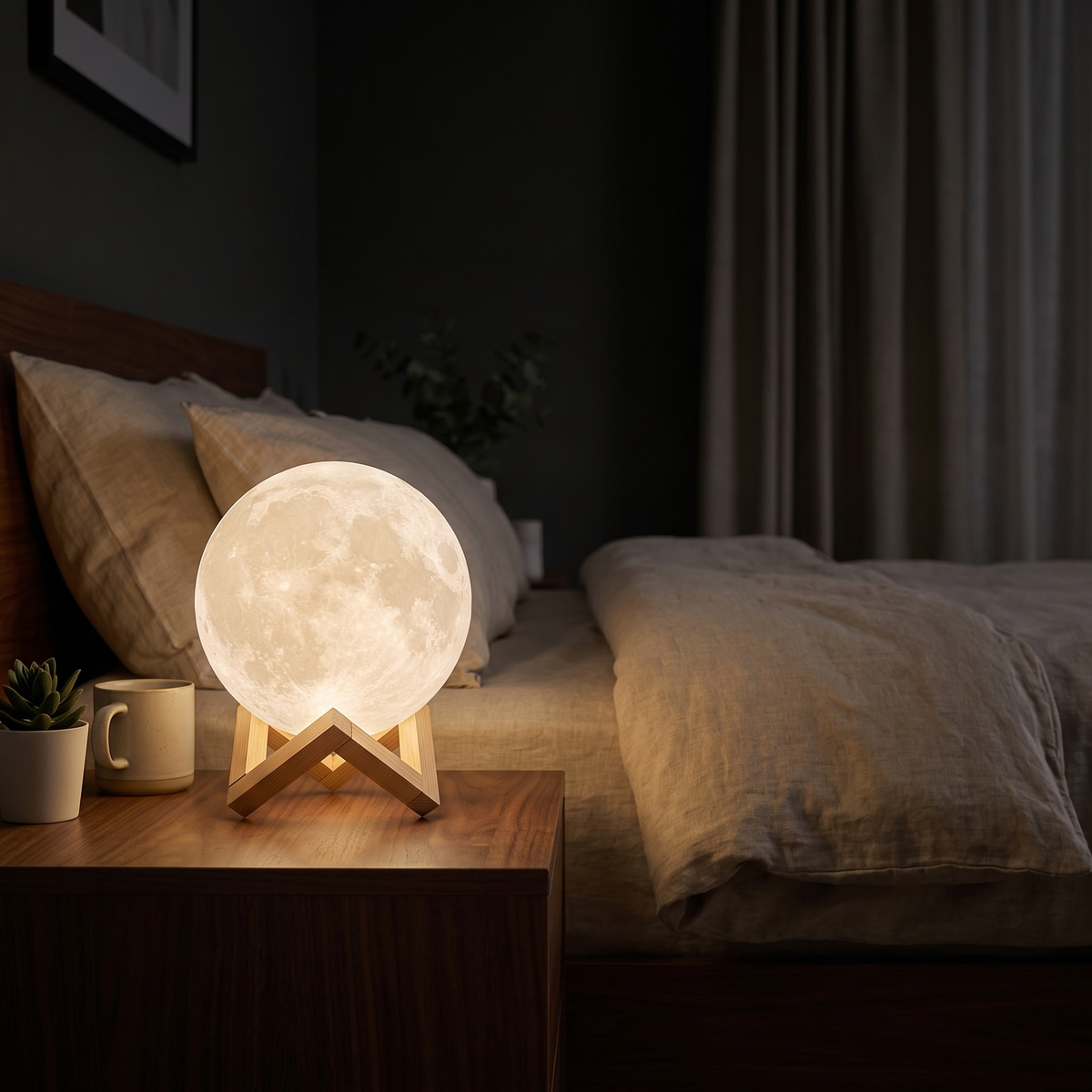 3D Moon Lamp on its wooden stand glowing on a walnut bedside table in a dark bedroom