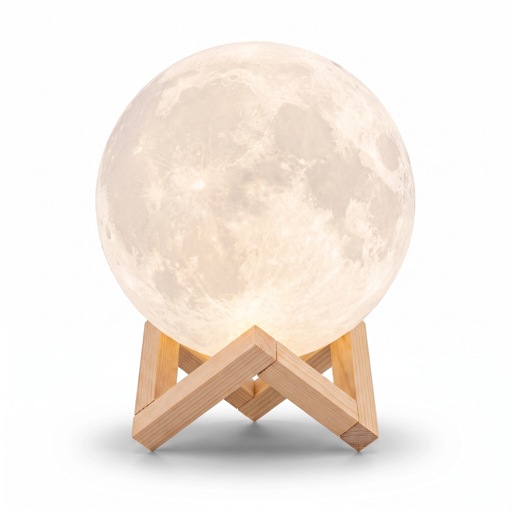 3D Moon Lamp switched on, on a white background