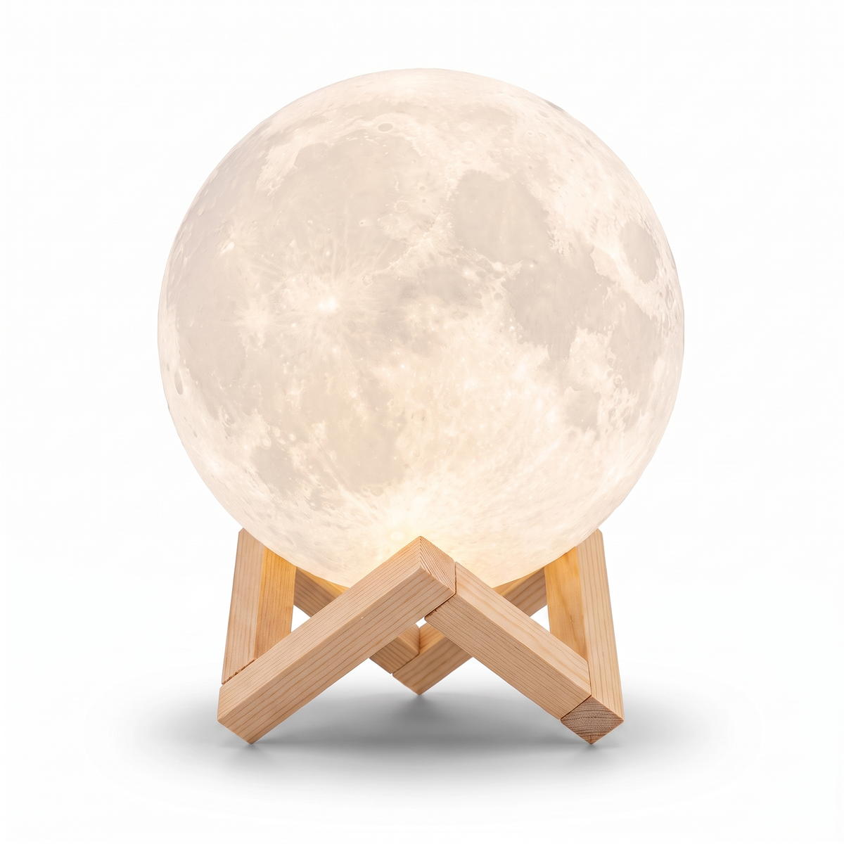 3D Moon Lamp switched on, on a white background