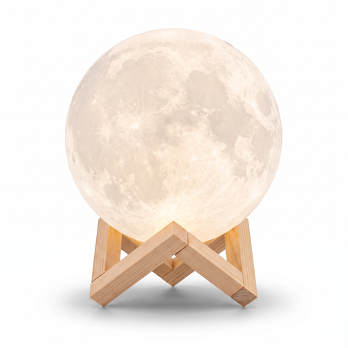 3D Moon Lamp switched on, on a white background
