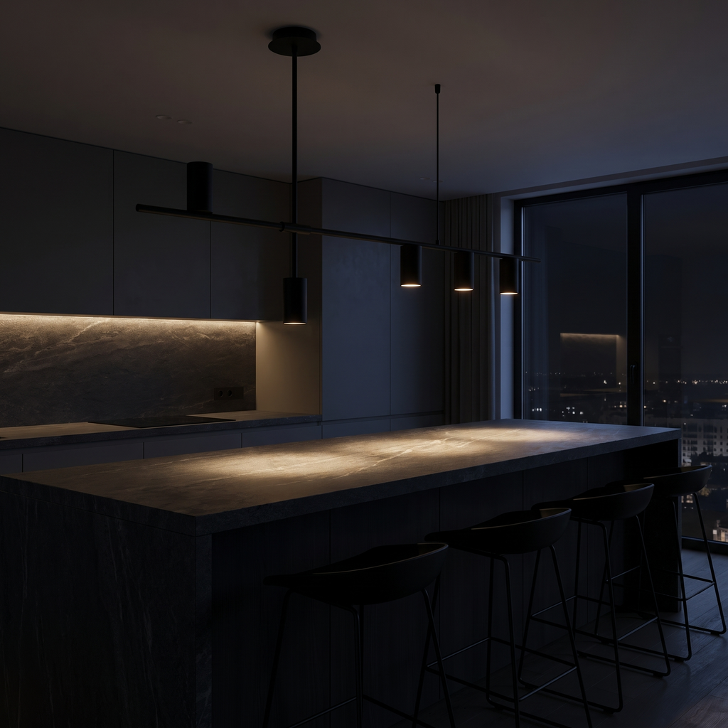 Modern Linear Spotlight Pendant Light over a dark stone kitchen island at night