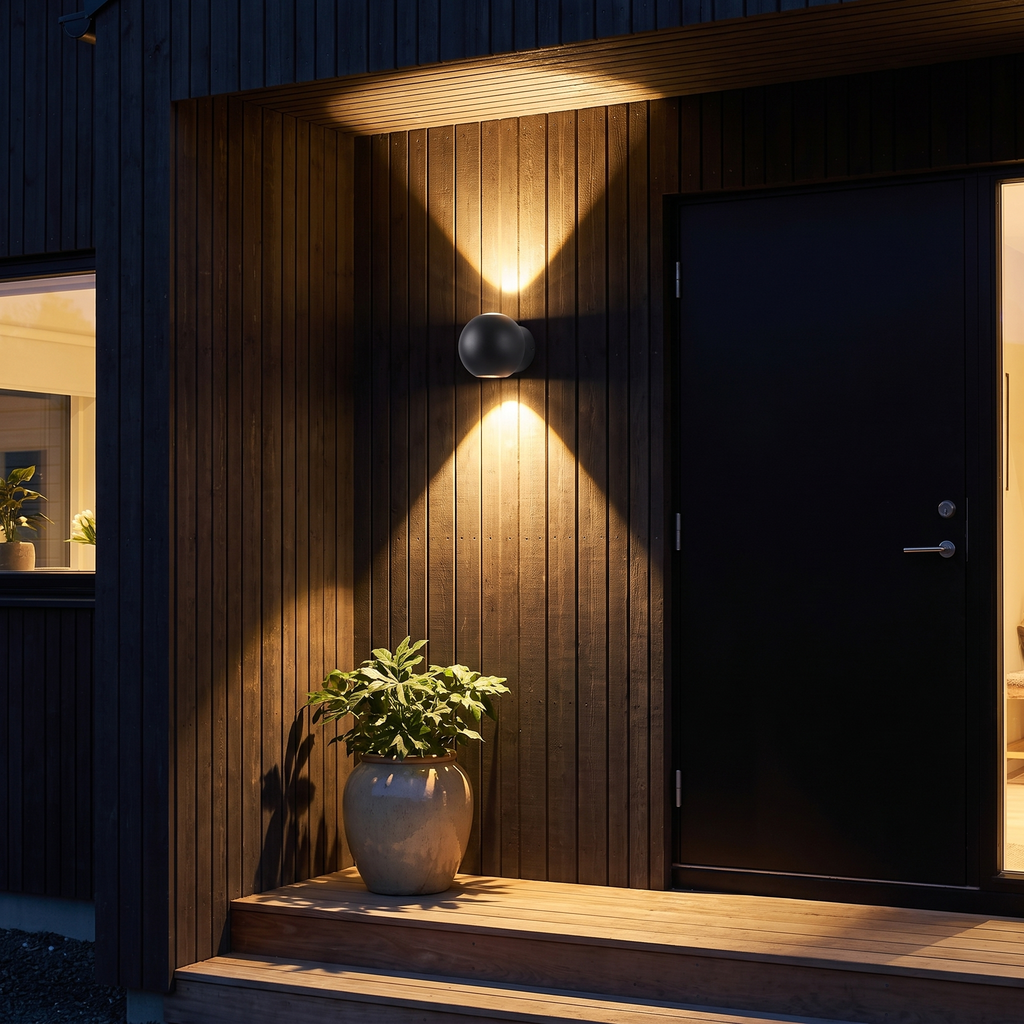 Modern Sphere Up Down Wall Light beside a black front door on a timber-clad porch at night