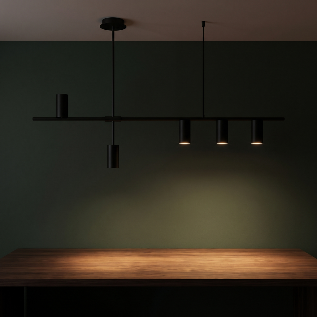 Modern Linear Spotlight Pendant Light over a walnut table against a deep green wall