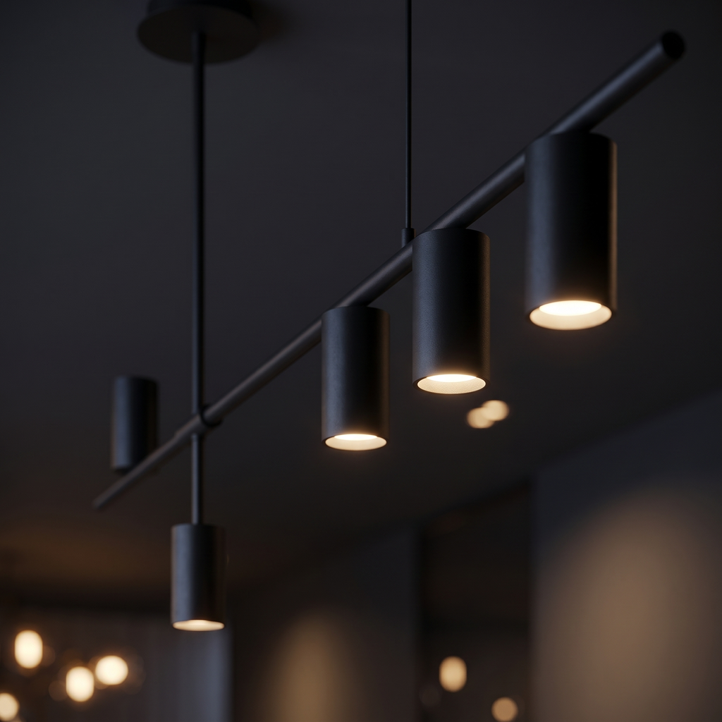 Close-up of the Modern Linear Spotlight Pendant Light black cylinder spotlights glowing