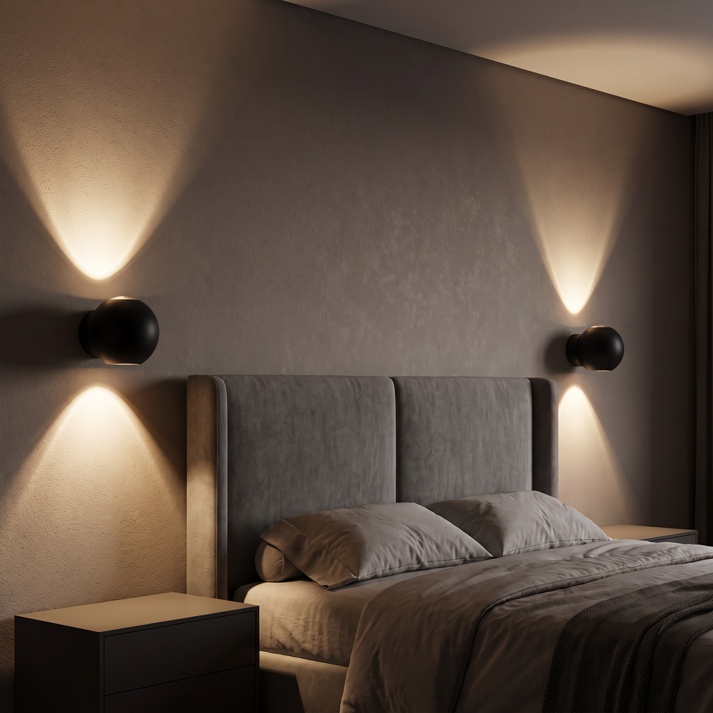 A pair of Modern Sphere Up Down Wall Lights either side of a bed headboard