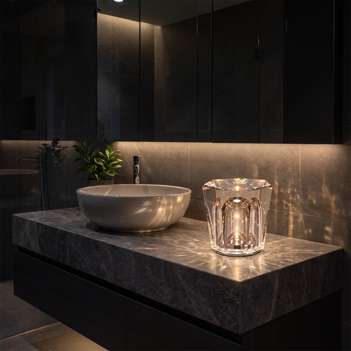 Modern Crystal Diamond Table Lamp on a stone bathroom vanity at night