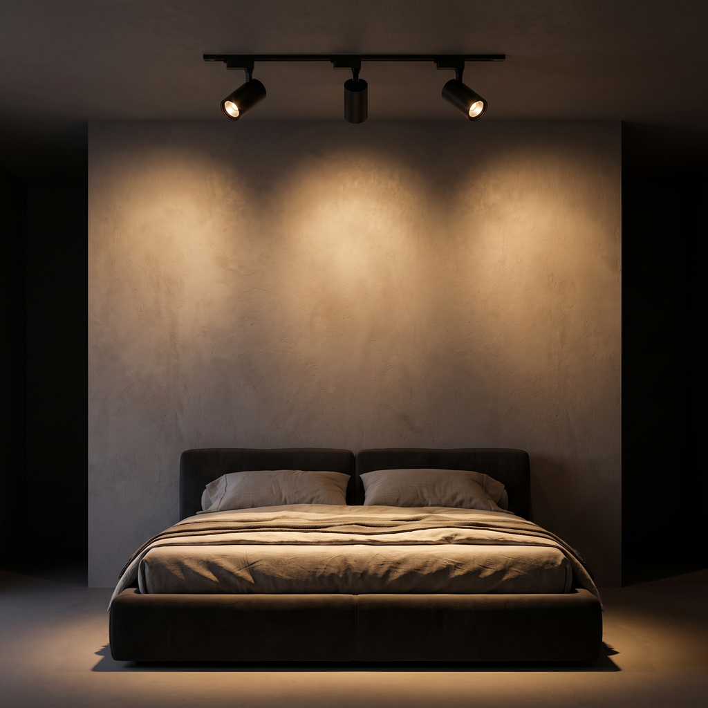 Modern Black LED Track Lighting Kit washing a plaster wall above a bed at night