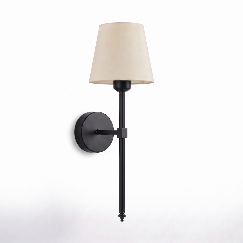 Modern Cordless Wall Sconce in matte black with a cream shade on white background