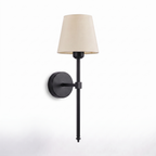 Modern Cordless Wall Sconce in matte black with a cream shade on white background