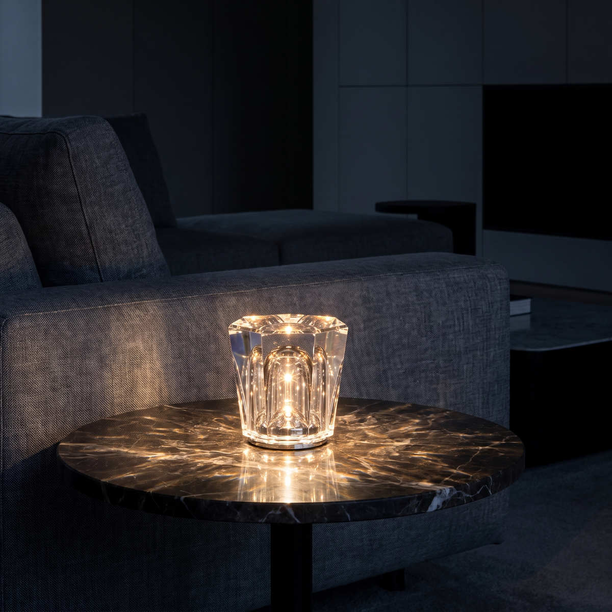 Modern Crystal Diamond Table Lamp on a marble side table beside a sofa