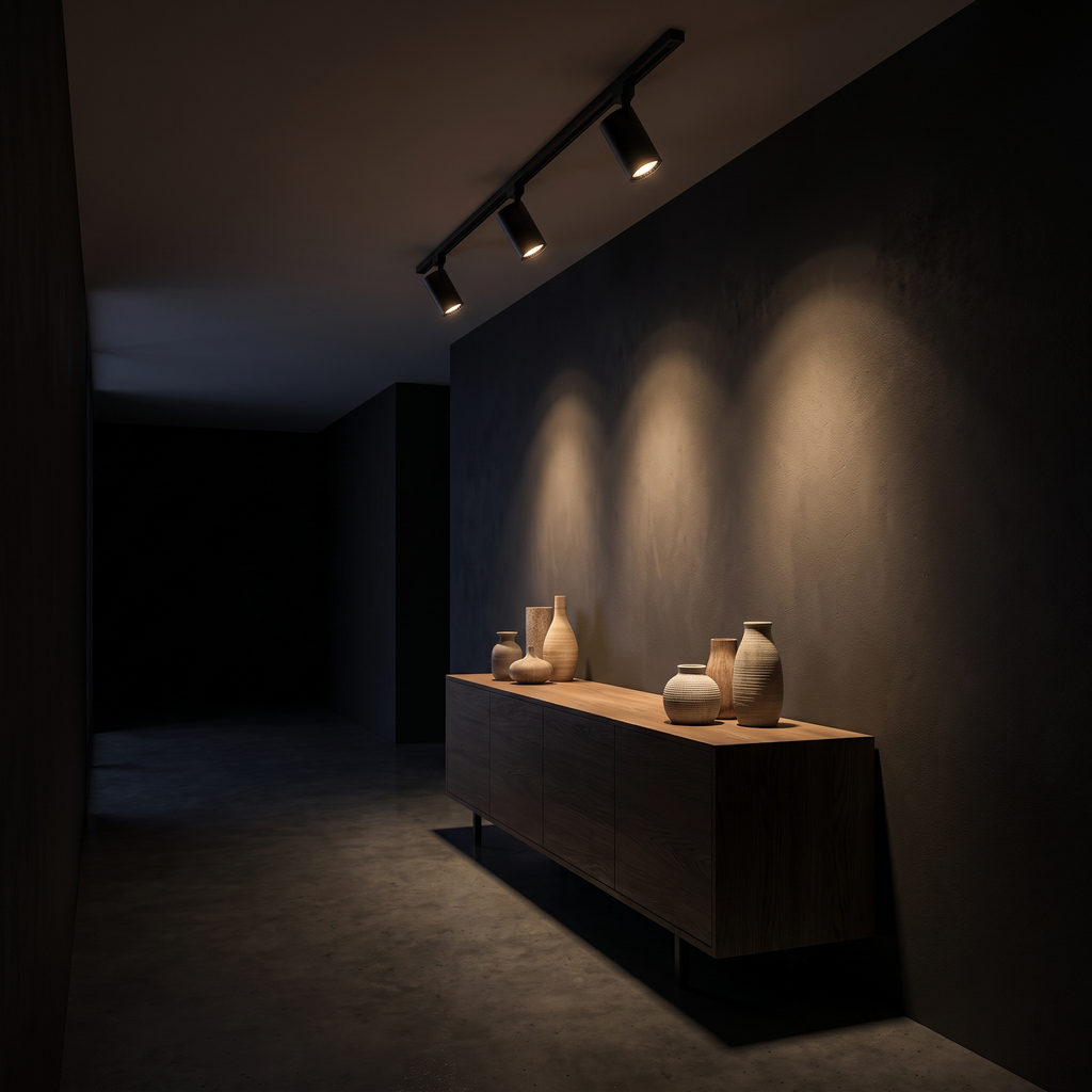 Modern Black LED Track Lighting Kit spotlighting a console table in a dark hallway