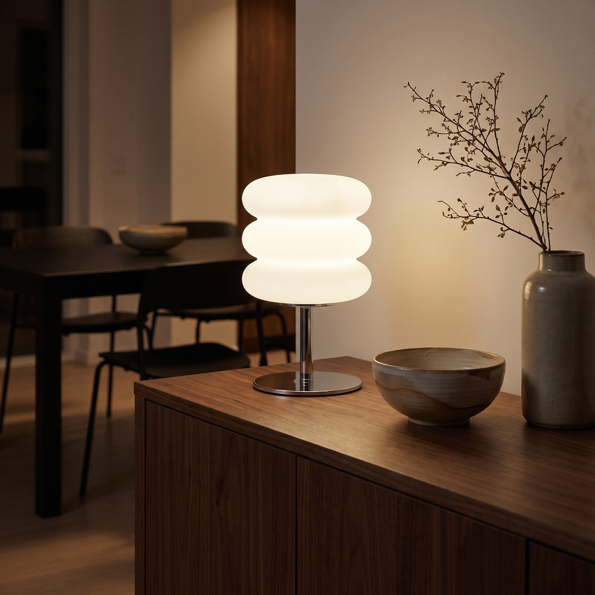 Modern Stacked Mushroom Table Lamp on a walnut sideboard in a dark dining room