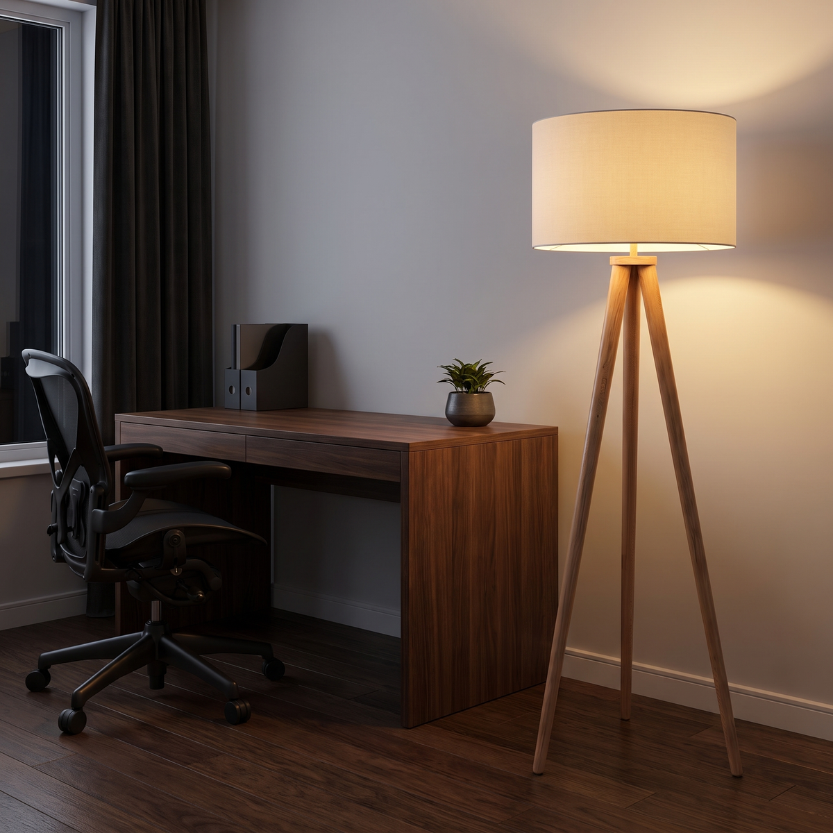 Modern Tripod Floor Lamp in the corner of a home office beside a walnut desk