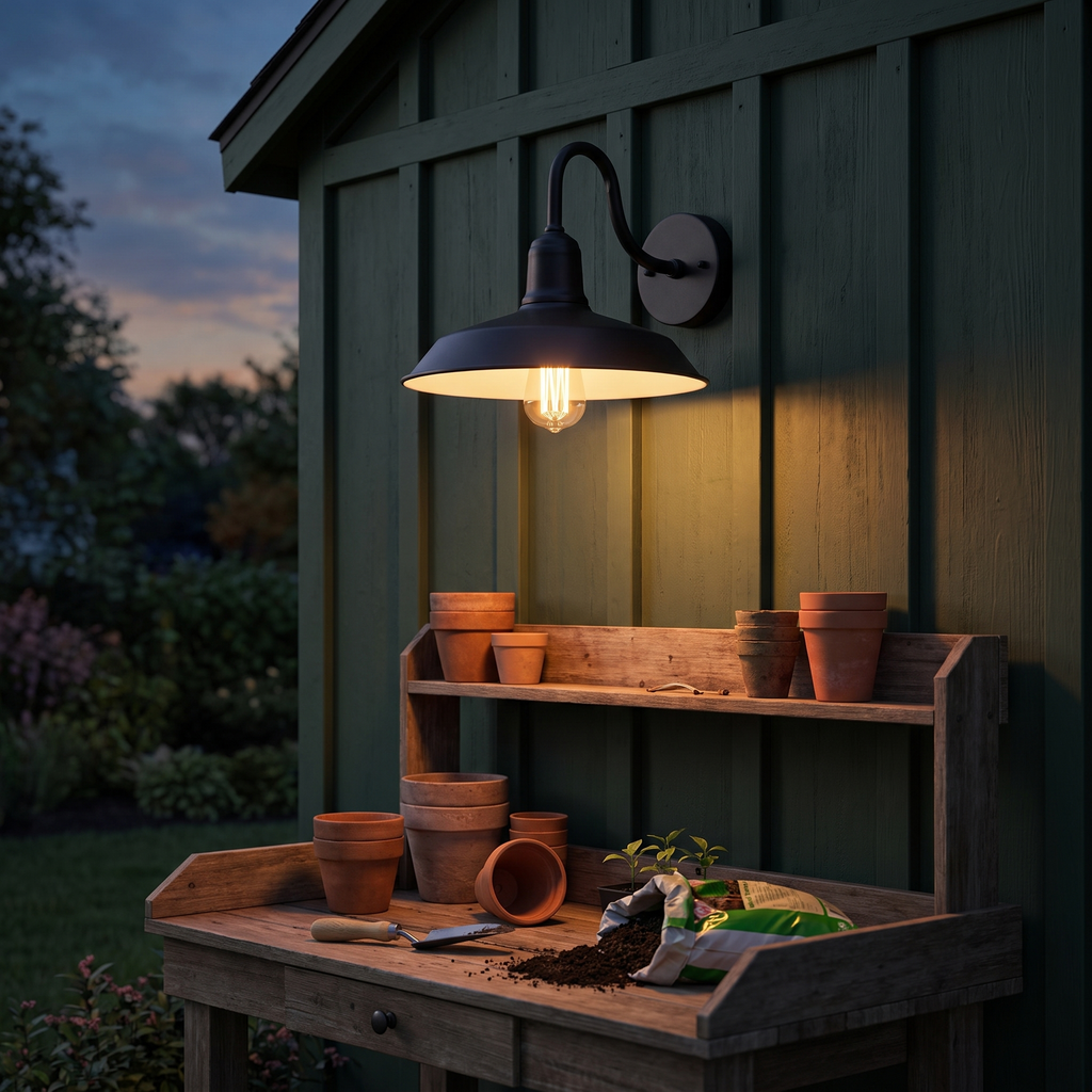 Farmhouse Gooseneck Barn Light above a potting bench on a green garden shed at dusk