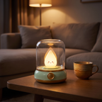 Modern Flameless Candle Lamp on a coffee table in a cozy living room at night