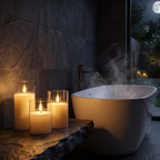 Flameless Glass Pillar Candles, Set of 3 on a stone ledge beside a freestanding bathtub