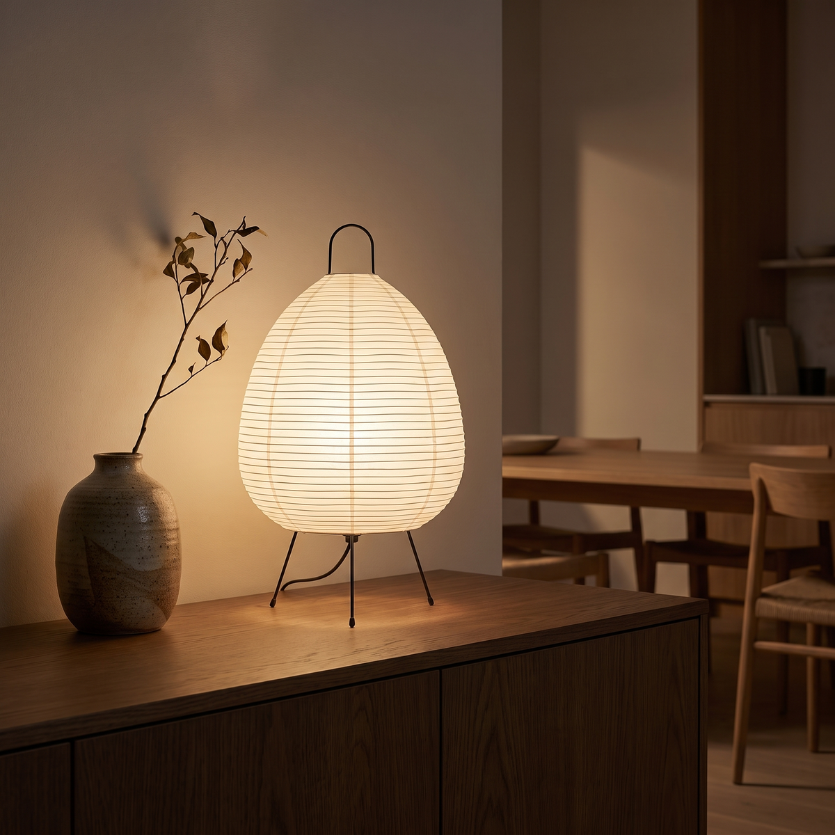 Japanese Rice Paper Table Lamp on an oak sideboard in a Japandi dining room