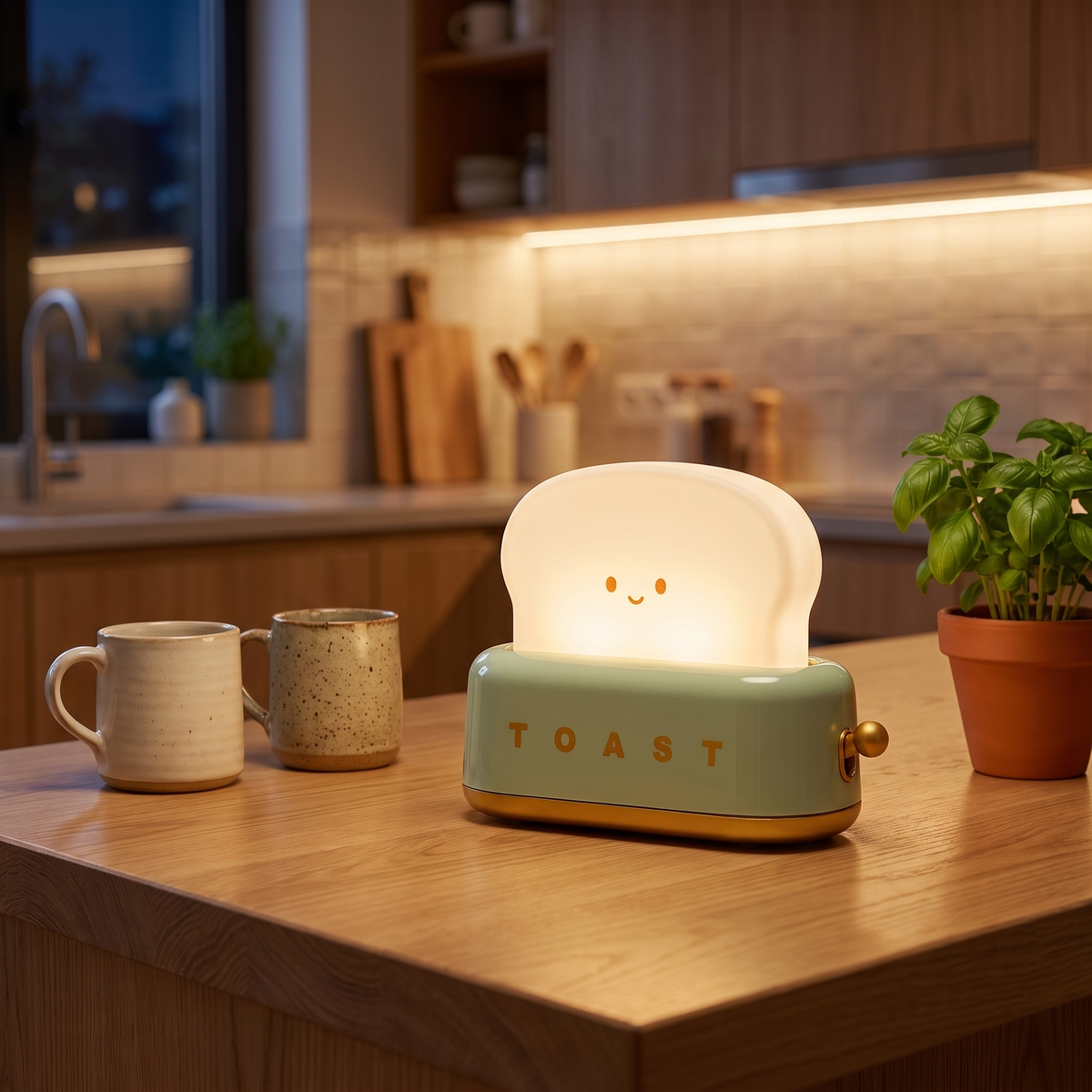 Cute Toaster Night Light glowing on an oak kitchen counter at night