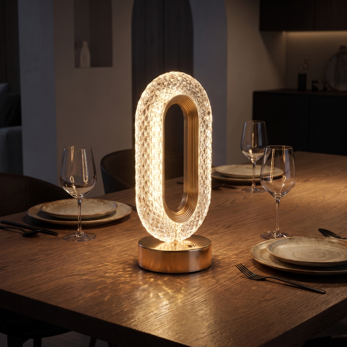 Modern Crystal Cordless Table Lamp glowing on a set oak dining table at night