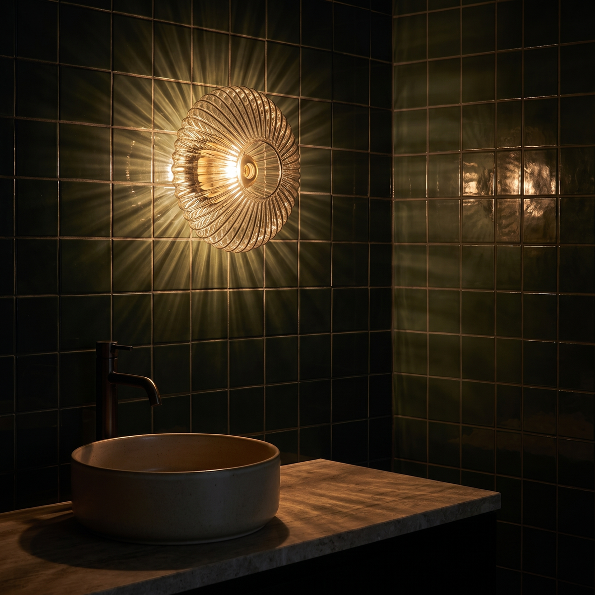 Modern Fluted Glass Wall Sconce on a dark green tiled bathroom wall