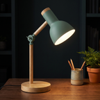 Nordic Wood Turn-Head Desk Lamp on a walnut desk in a home office at night