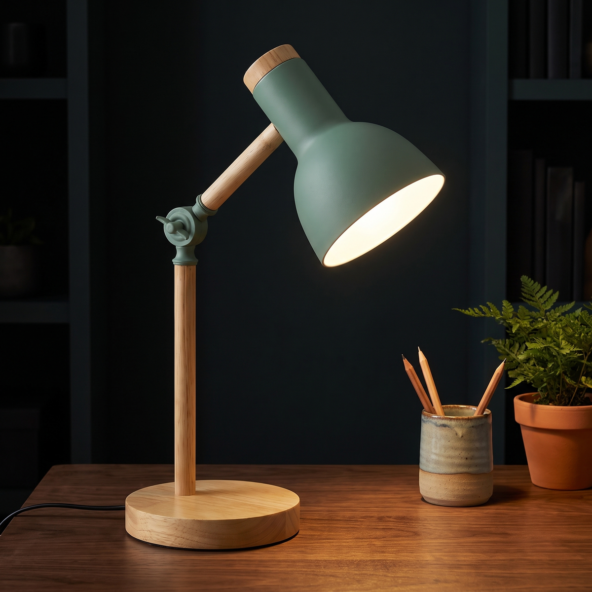 Nordic Wood Turn-Head Desk Lamp on a walnut desk in a home office at night