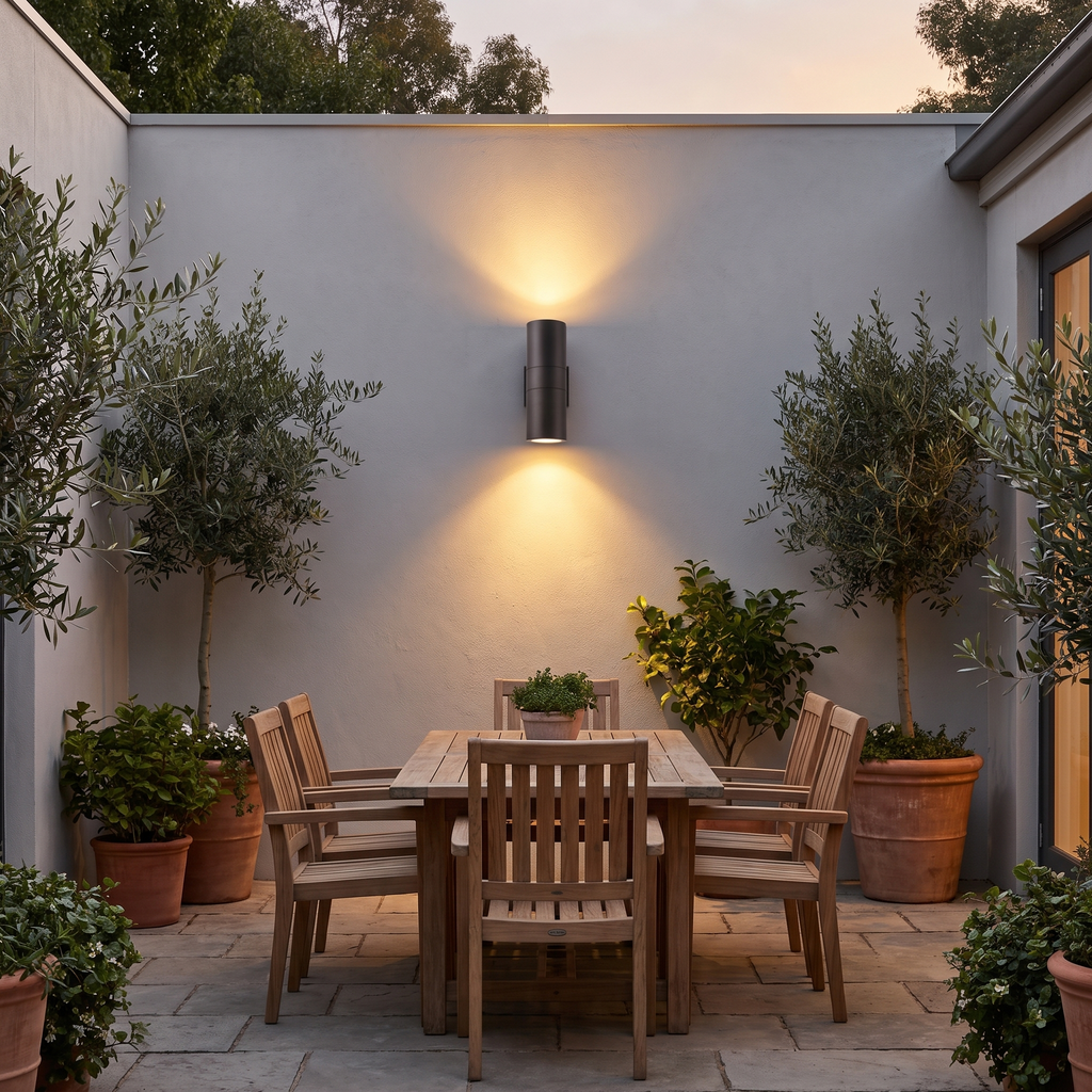 Modern Cylinder Up Down Outdoor Light on a courtyard wall above a patio dining table at dusk