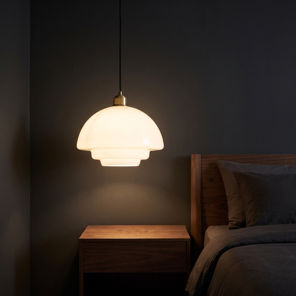 Modern Opal Glass Pendant Light hanging low beside a bed over a walnut nightstand