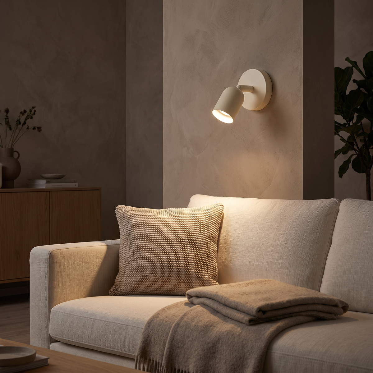 Modern Cream Wall Reading Light above a linen sofa in a cozy living room
