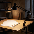 Modern Architect Desk Lamp clamped to an oak drafting table in a creative studio