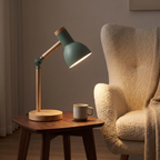 Nordic Oak Desk Lamp on a side table beside a boucle reading armchair