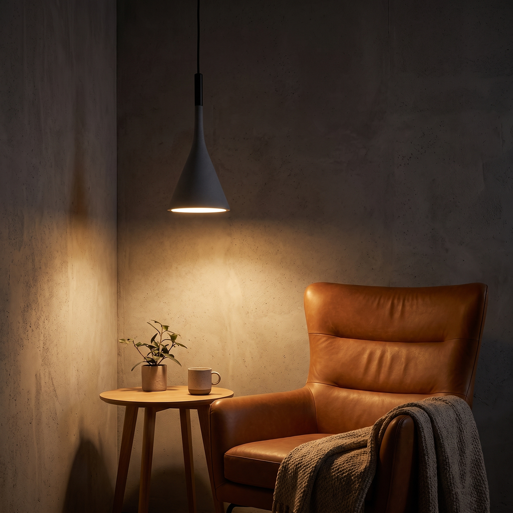 Modern Stone Cone Pendant Light over a leather reading armchair