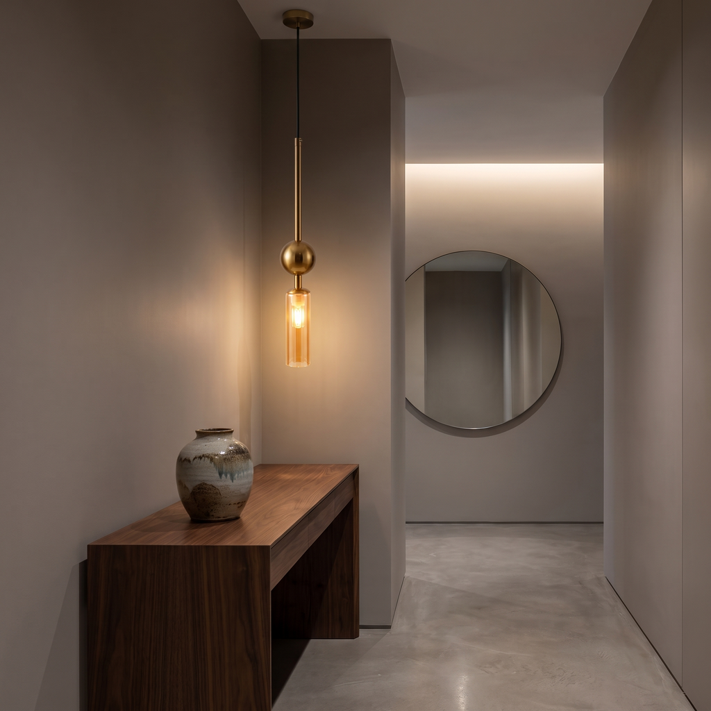 Modern Fluted Glass Pendant Light above a walnut console in an entrance hallway