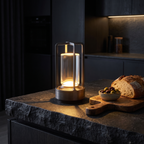 Modern Cordless Lantern Lamp on a dark stone kitchen island at night