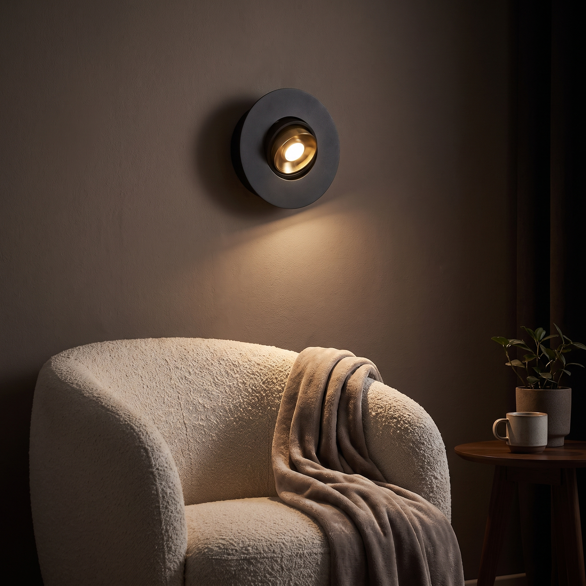 Modern Rotating Wall Sconce above a boucle armchair in a reading corner
