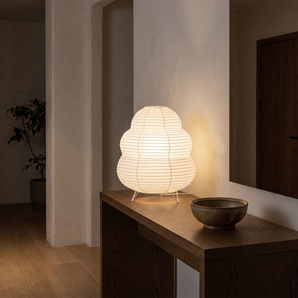 Japanese Tiered Rice Paper Lamp on an oak entryway console