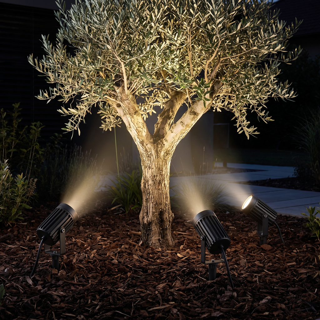 LED Garden Spike Spotlights, Set of 3 uplighting an olive tree at night
