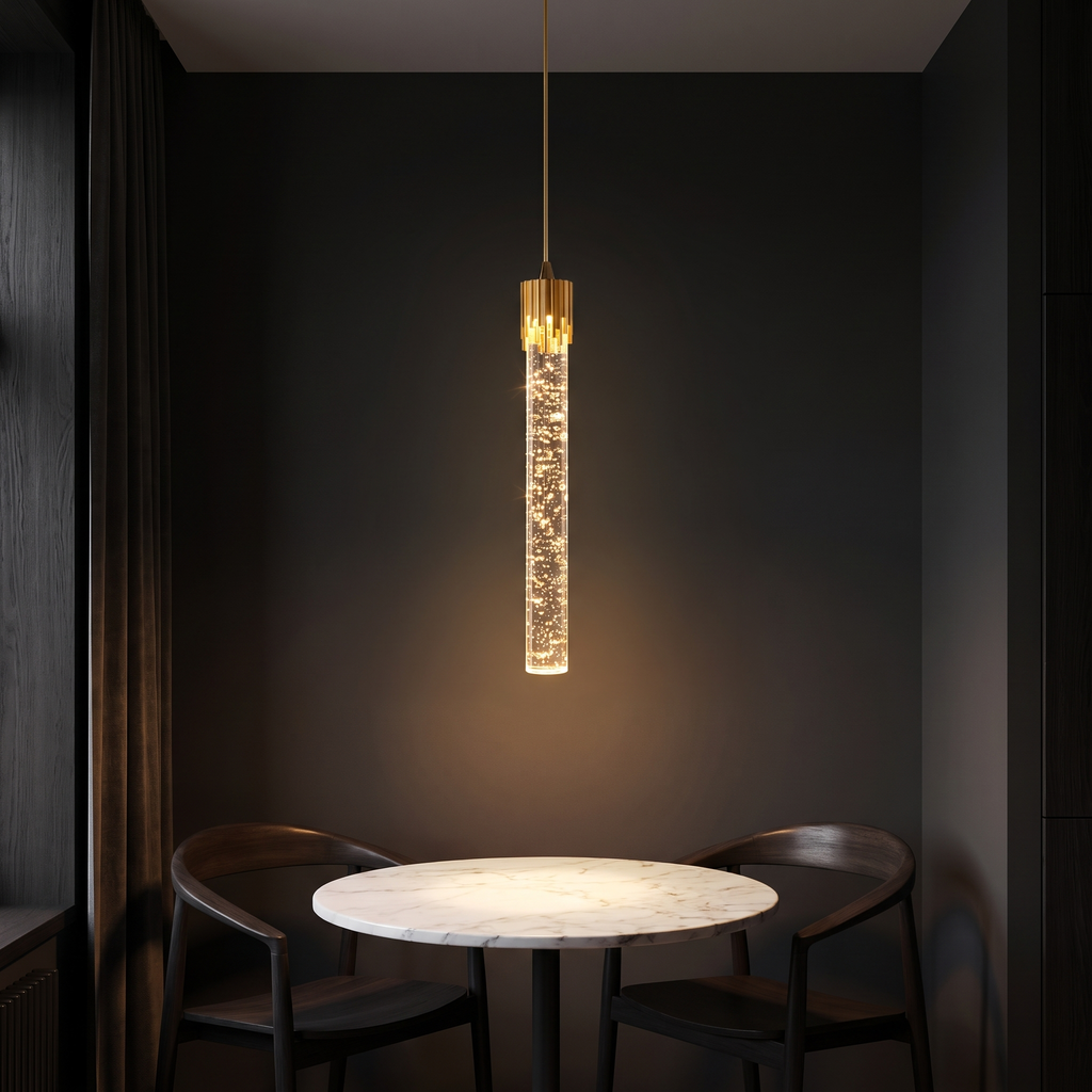 Modern Crystal Bubble Pendant Light over a marble bistro table in a dining nook
