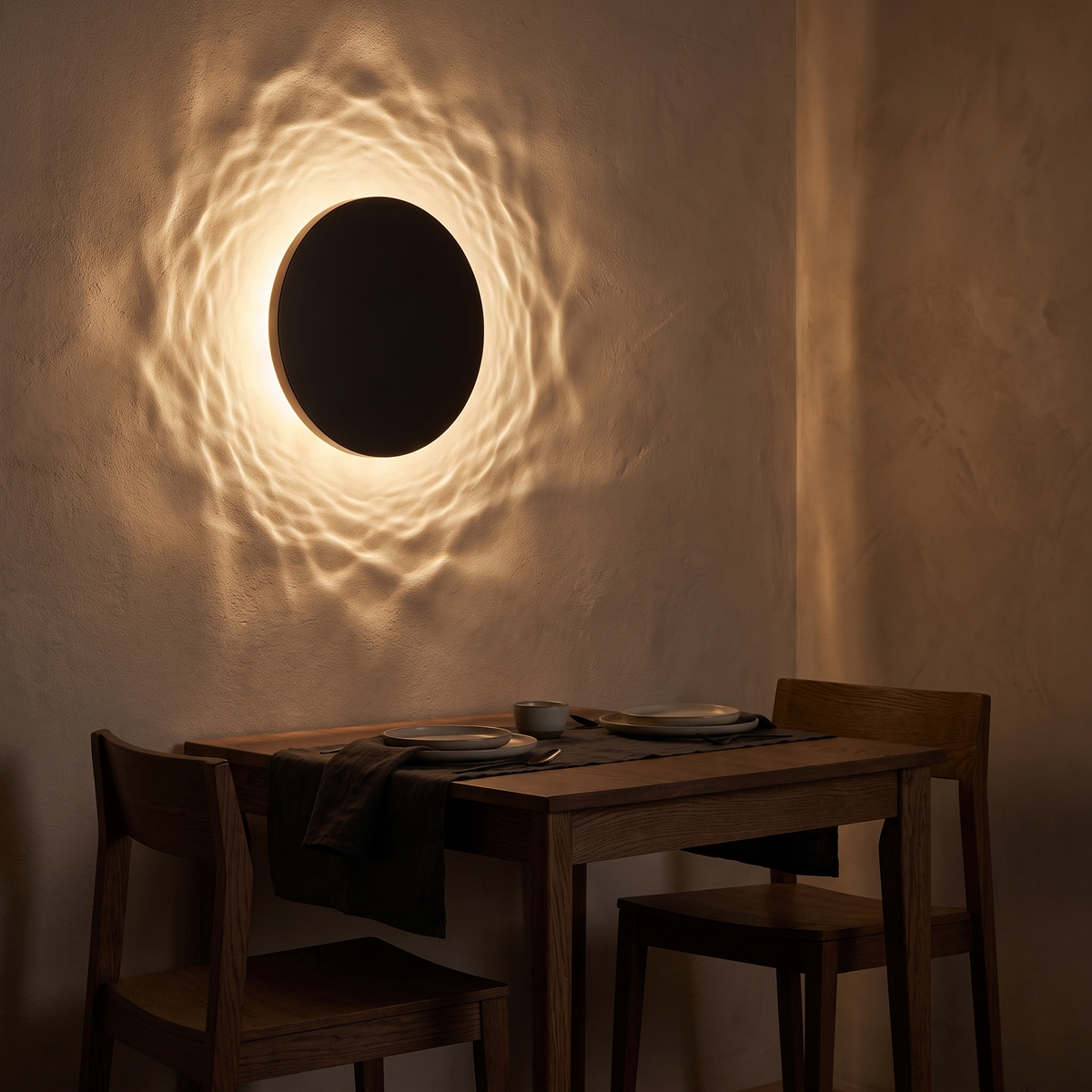 Modern Ripple Light Wall Sconce beside a dining table in a dark dining nook