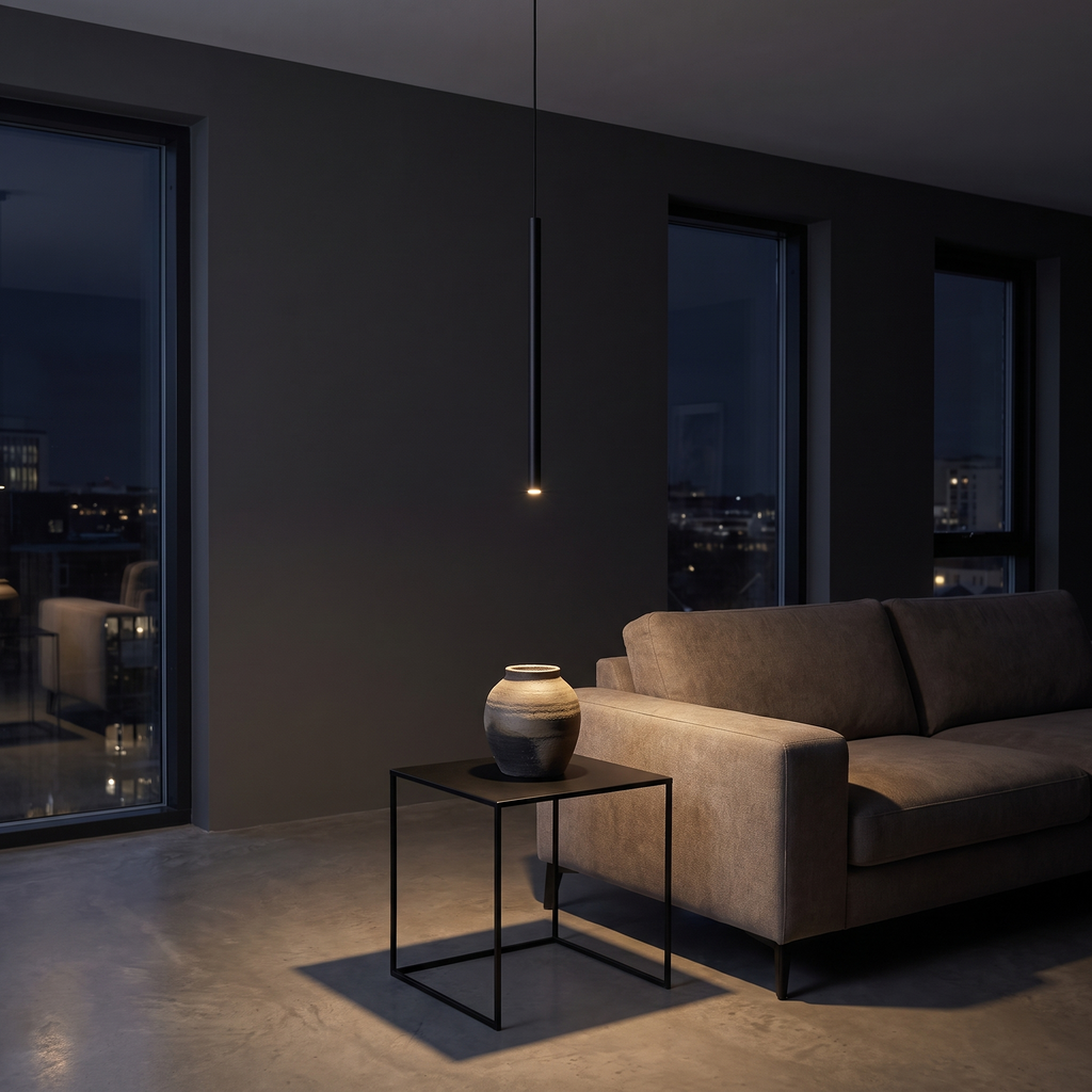 Modern Slim Tube Pendant Light hanging beside a sofa in a dark living room