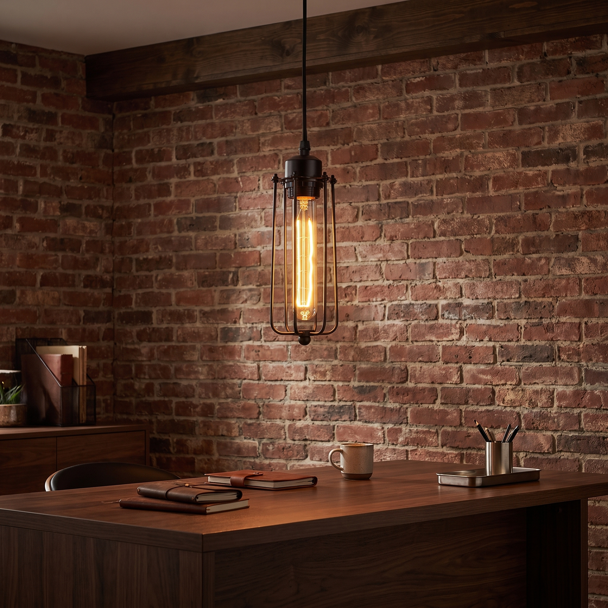 Industrial Wire Cage Pendant Light over a walnut desk against a brick wall