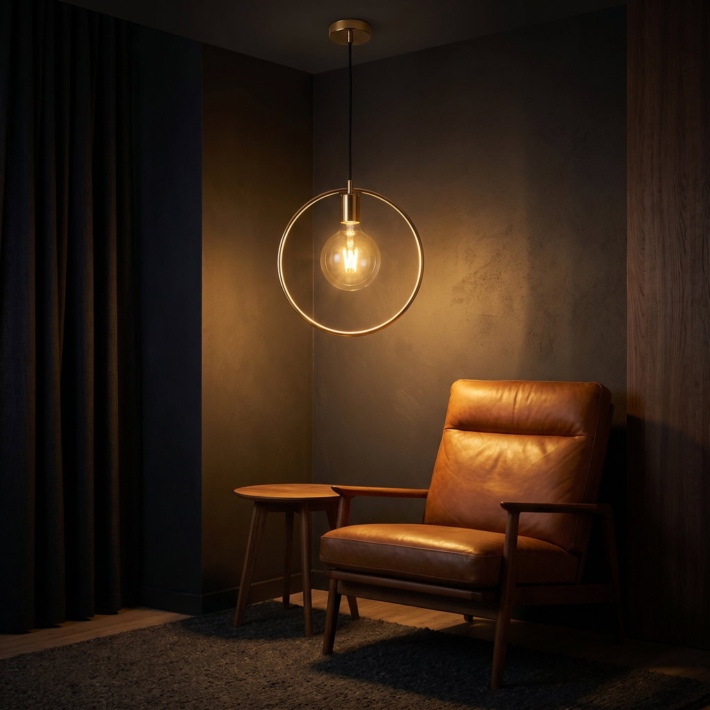 Modern Gold Circle Pendant Light beside a leather lounge chair in a living room corner