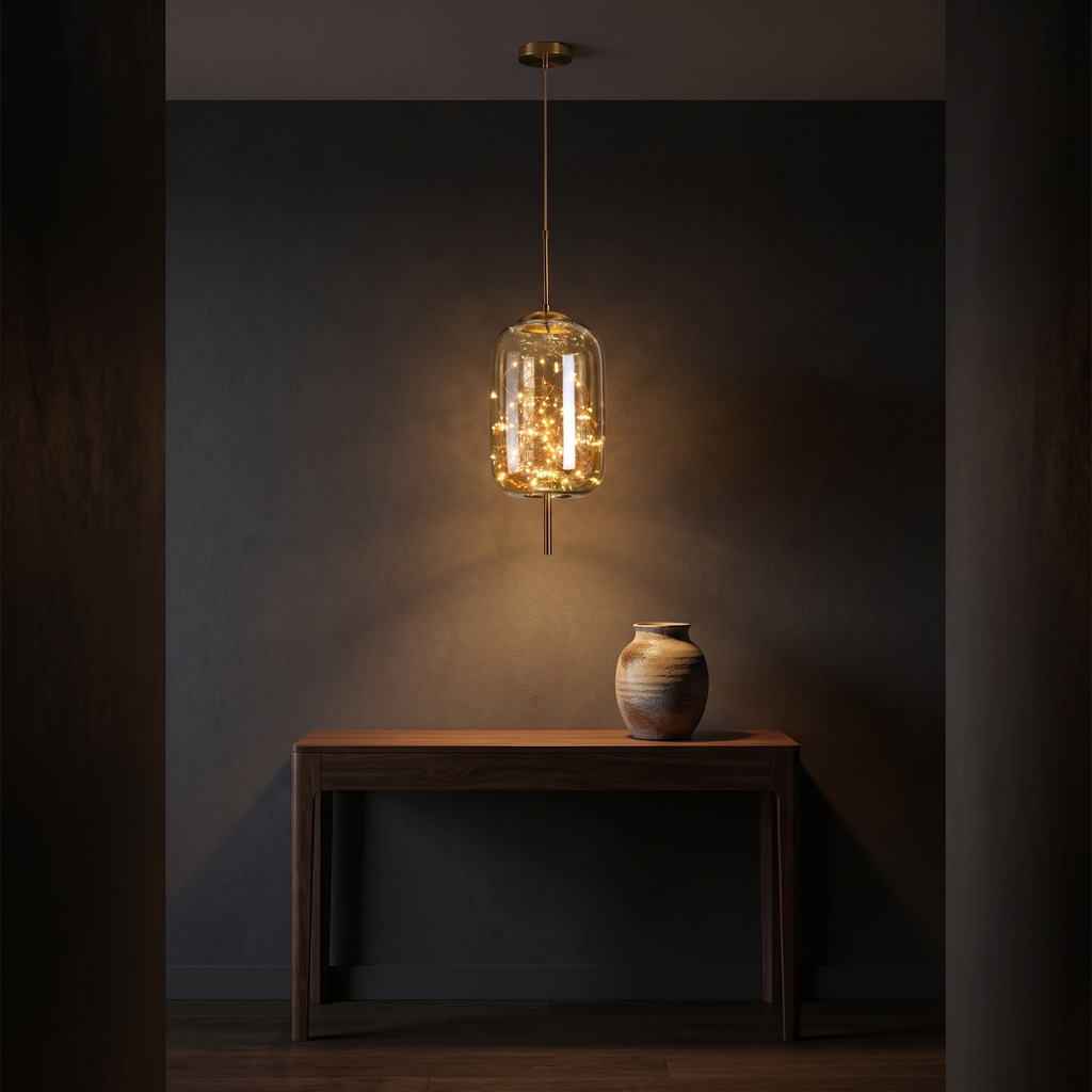Modern Starry Glass Pendant Light above a walnut console in a dark hallway