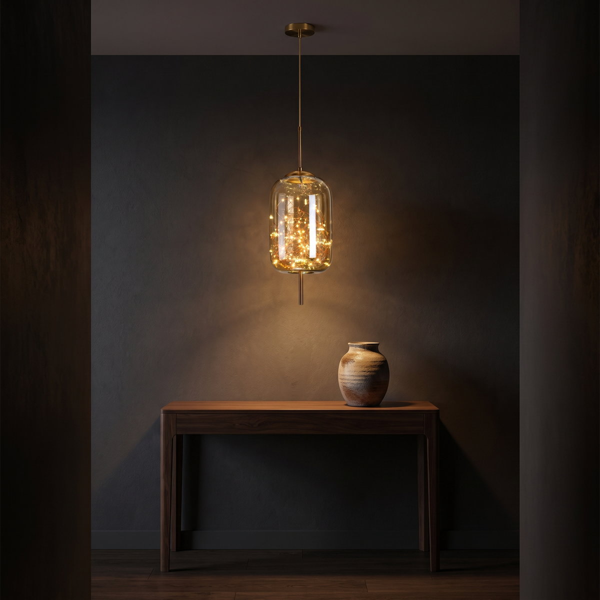Modern Starry Glass Pendant Light above a walnut console in a dark hallway