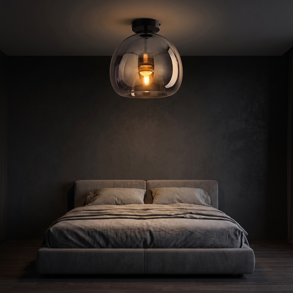 Modern Smoked Glass Ceiling Light above a bed in a dark bedroom