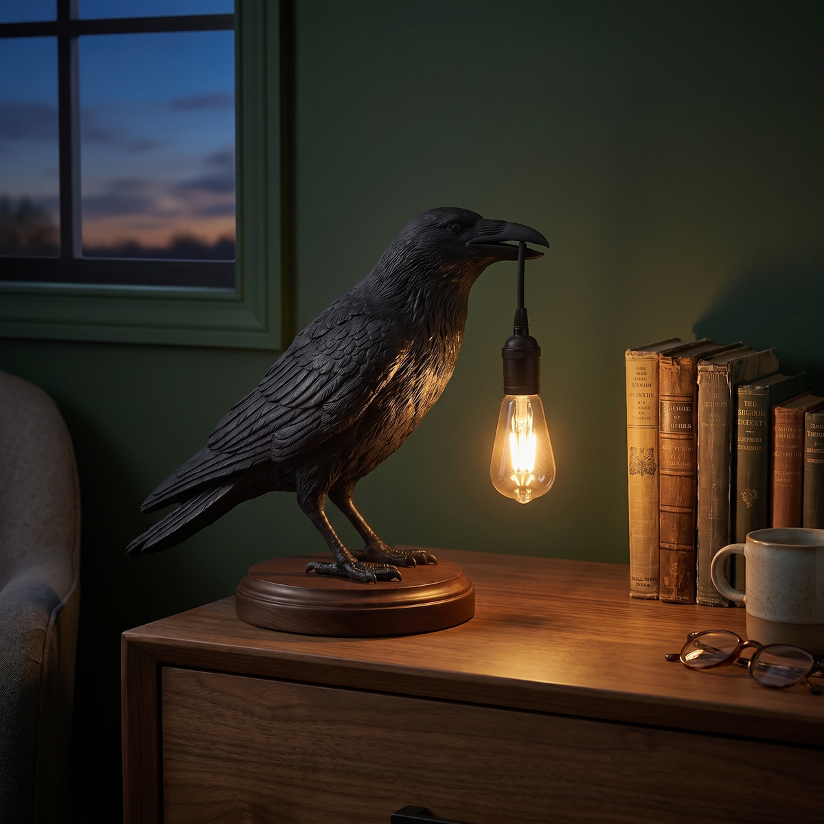Halloween Raven Table Lamp on a nightstand in a moody bedroom
